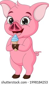 Cute baby pig cartoon eating ice cream