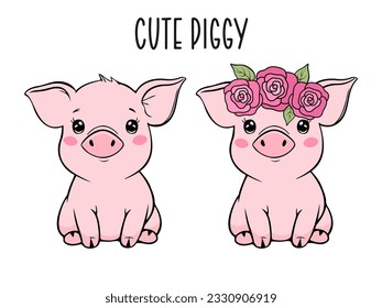 Cute baby pig character on white background. Vector illustration.