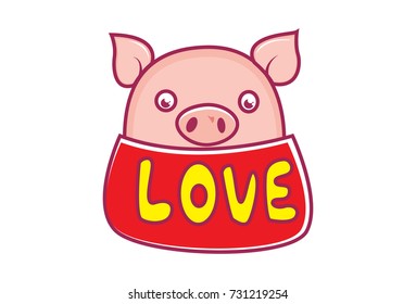 Cute Baby Pig Character with a sign board saying LOVE. Vector Illustration. isolated on white background.