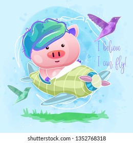 cute baby pig flying with plane. Can be used for kids/babies shirt design, fashion print design,t-shirt, kids wear,textile design,celebration card/ greeting card, invitation card - Vector