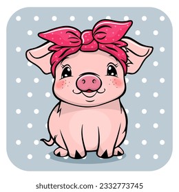 Cute baby pig girl character on white background. Vector illustration.