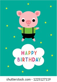 cute baby pig happy birthday greeting card vector