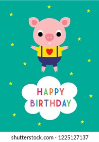 cute baby pig happy birthday greeting card vector