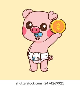 Cute Baby Pig Holding Gold Coin Cartoon Vector Icon Illustration. Animal Finance Icon Concept Isolated Premium Vector. Flat Cartoon Style