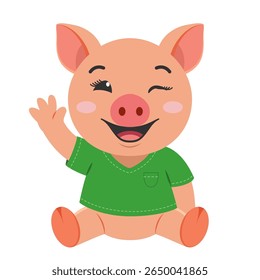 Porco bebê bonito isolado no branco. Cartoon chibi leitão acenando olá. Porquinho kawaii sentado sorrindo. Imagem vetorial para livros infantis, design de produtos infantis, entretenimento de crianças