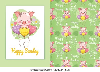 cute baby pig with love balloon cartoon illustration and seamless pattern set