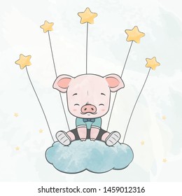 Cute baby pig sit on the cloud with stars water color cartoon hand drawn vecter illustration. Use for Happy birthday invitation card, T-shirt print, baby shower.