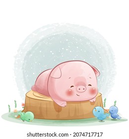 Cute baby pig sleep on tree stump  for cover book, print, baby shower, nursery decorations, birthday invitations, poster, greeting card