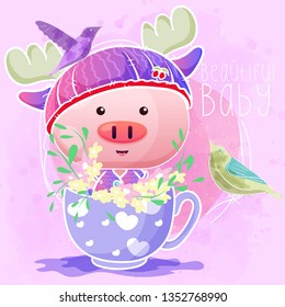 cute baby pig in the tea cup. Can be used for kids/babies shirt design, fashion print design,t-shirt, kids wear,textile design,celebration card/ greeting card, invitation card - Vector