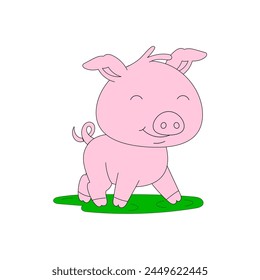 Cute baby pig walking on the green background. Drawing a pale pink color cute baby pig cartoon.