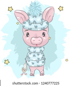 Cute baby piggy cartoon hand drawn vector illustration. Can be used for baby t-shirt print, fashion print design, children wear, baby shower celebration, greeting and invitation card.