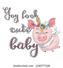 Cute baby piggy cartoon hand drawn vector illustration. Can be used for baby t-shirt print, fashion print design, children wear, baby shower celebration, greeting and invitation card.