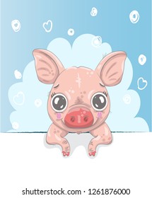 Cute baby piggy cartoon hand drawn vector illustration. Can be used for baby t-shirt print, fashion print design, children wear, baby shower celebration, greeting and invitation card.