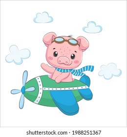 Cute baby piggy is flying on a plane. Cartoon vector illustration.