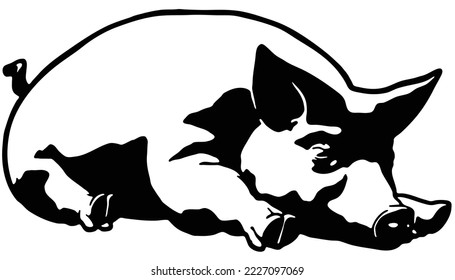cute baby piglet Sleeping editable vector illustration isolated on white background, pork sleeping pose profile silhouette 