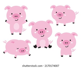 Cute baby pigs set vector illustration.