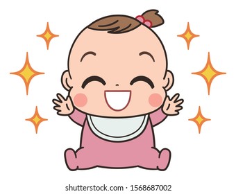 A cute baby in pink clothes.She is happy and pleased.