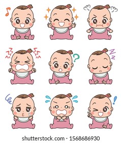 A cute baby in pink clothes.She has various expressions.