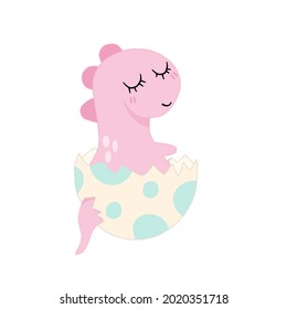 cute baby pink dino in cracked eggshell isolated on a white background. minimal flat cartoon illustration. vector.