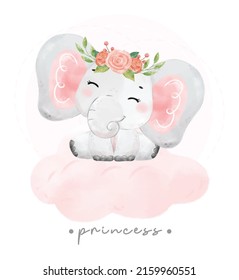 cute baby pink elephant sitting soft cloud cartoon watercolor hand drawn illustration vector