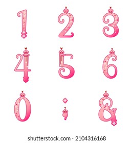 Cute baby pink numbers collection. Light pink gradient number set. Isolated 123 digits. Valentines day vector. Love birds and heart patterns. Illustration for wedding marriage anniversary birthday.