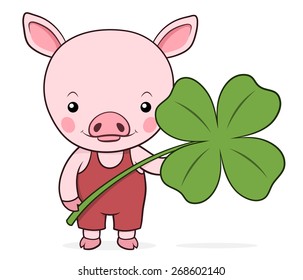 Cute baby pink piggy with a shamrock or four-leaf clover symbolic of St Patricks Day in Ireland and luck, vector cartoon illustration