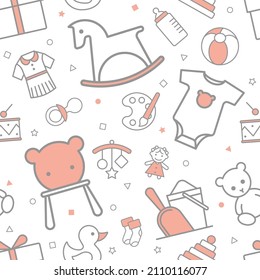 Cute baby pink seamless with fashion toy accessories line icon pattern for child shop, kid clothing and toys, textile fabric, wrapping print, wall, child backdrop, background and children wallpaper