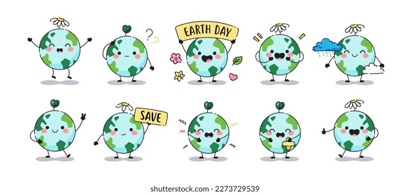 Cute baby planet earth set. Mascot Earth icons with faces. Collection in child emoji for environment care, pollution, harm, damage, ecology and recycle. Vector cartoon illustration.