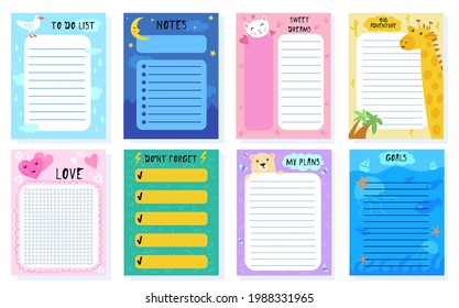 Cute baby planners vector illustration set. To do list for week, birthday invitation, calendar, sheet for memos with pretty animals for organized diary. Template, printable, pattern concept