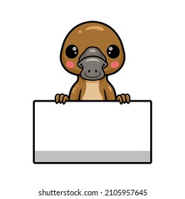 Cute baby platypus cartoon with blank sign