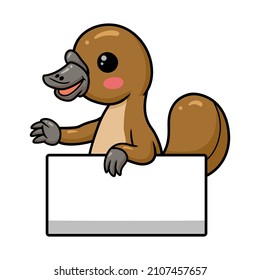 Cute baby platypus cartoon with blank sign