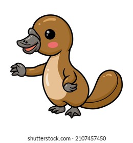 Cute baby platypus cartoon waving hand