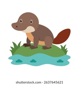 Cute Baby Platypus on a Riverbank Illustration