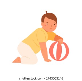 Cute Baby Playing Ball Vector Flat Illustration. Adorable Little Child Crawl Play With Toy Isolated On White Background. Joyful Infant Boy Smiling Enjoying Childhood Having Positive Emotion