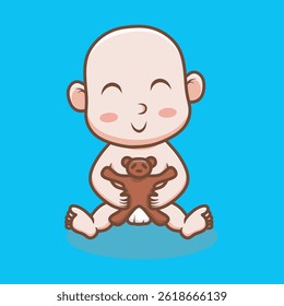 Cute baby playing with his doll. Smile pose baby, vector illustration.