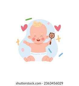 Cute baby playing with rattle toy, cartoon flat vector illustration isolated on white background. Adorable infant in diaper. Child care concept.