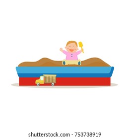 Cute baby playing in the sandbox. Vector illustration.