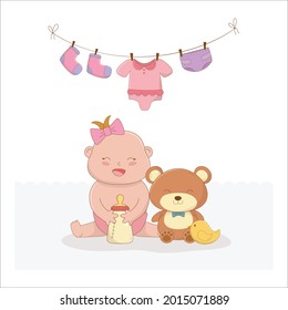 Cute baby is playing with teddy bear. Vector graphic illustration. Individually on a white background.