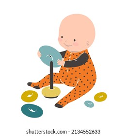 Cute baby is playing with toys. Vector illustration of a baby 1-12 months old. A little boy or girl in a romper sits and plays with a pyramid.