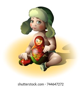 Cute baby plays with a Russian doll.