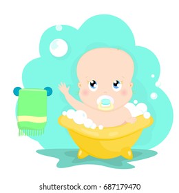 Cute baby plays with soap bubbles while bathing cartoon character vector illustration. Kid wash in bathroom.