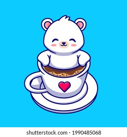 Cute Baby Polar Bear In Coffee Cup Cartoon Vector Icon Illustration. Animal Drink Icon Concept Isolated Premium Vector. Flat Cartoon Style