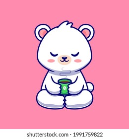 Cute Baby Polar Bear With Coffee Cup Cartoon Vector Icon Illustration. Animal Drink Icon Concept Isolated Premium Vector. Flat Cartoon Style