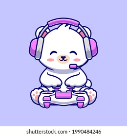 Cute Baby Polar Bear Gaming Cartoon Vector Icon Illustration. Animal Technology Icon Concept Isolated Premium Vector. Flat Cartoon Style