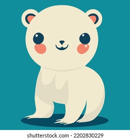 Cute baby polar bear in kawaii style standing and looking at the camera. The polar bear is light beige, on a blue background.