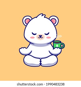 Cute Baby Polar Bear Meditation With Coffee Cup Cartoon Vector Icon Illustration. Animal Drink Icon Concept Isolated Premium Vector. Flat Cartoon Style