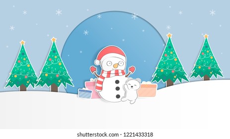 Cute baby polar bear and snowman pastel christmas background and greeting card. cartoon and paper art design. vector, ilustration