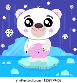 Cute Baby Polar Bear In Winter Season Enjoying Snowfall and Snowflakes In Winter Season North Pole With Background And Ice Bergs, Glacier.