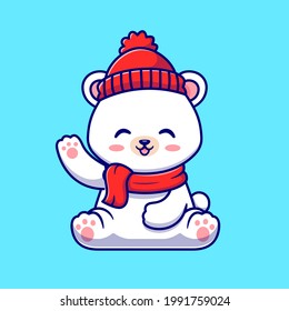 Cute Baby Polar Bear Winter Wearing Scarf Waving Hand Cartoon Vector Icon Illustration. Animal Nature Icon Concept Isolated Premium Vector. Flat Cartoon Style svg