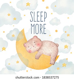 cute baby postcard stickers for kids,   illustration of a bear sleeping on a cloud and on the moon with inscription sleep more, decor